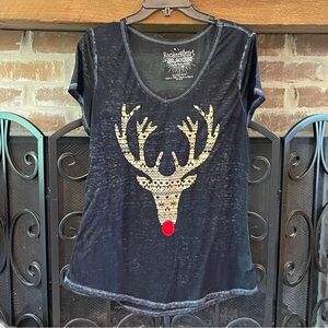 ROCKER Girl Junior’s Size XL (15-17) Short Sleeve Reindeer Christmas Burnout Tee